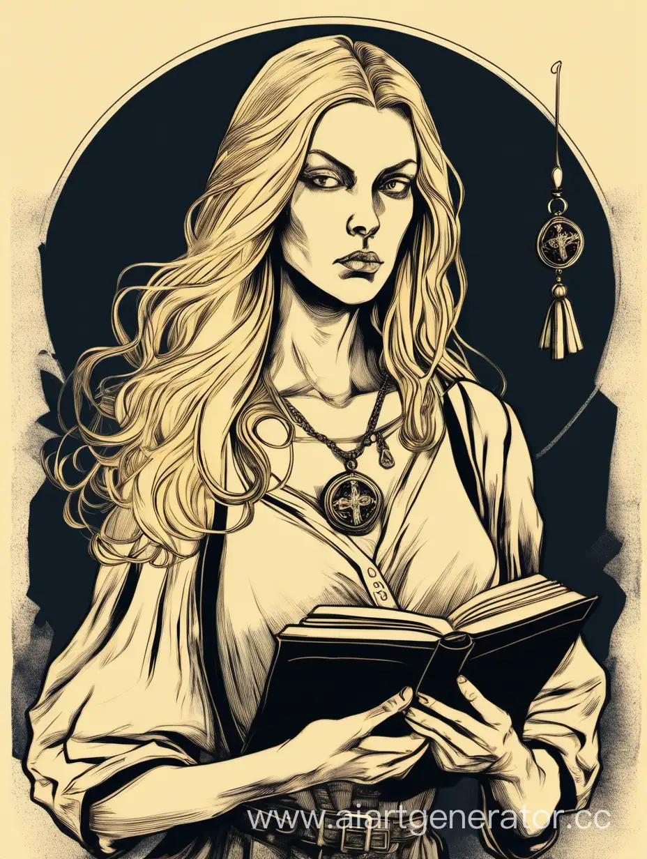 Женщина с большой грудью. Блондинка с прямыми волосами. Она поэтесса, у неё в руках книга. У неё суровый взгляд. У неё кулон. Она молодая и не страшная