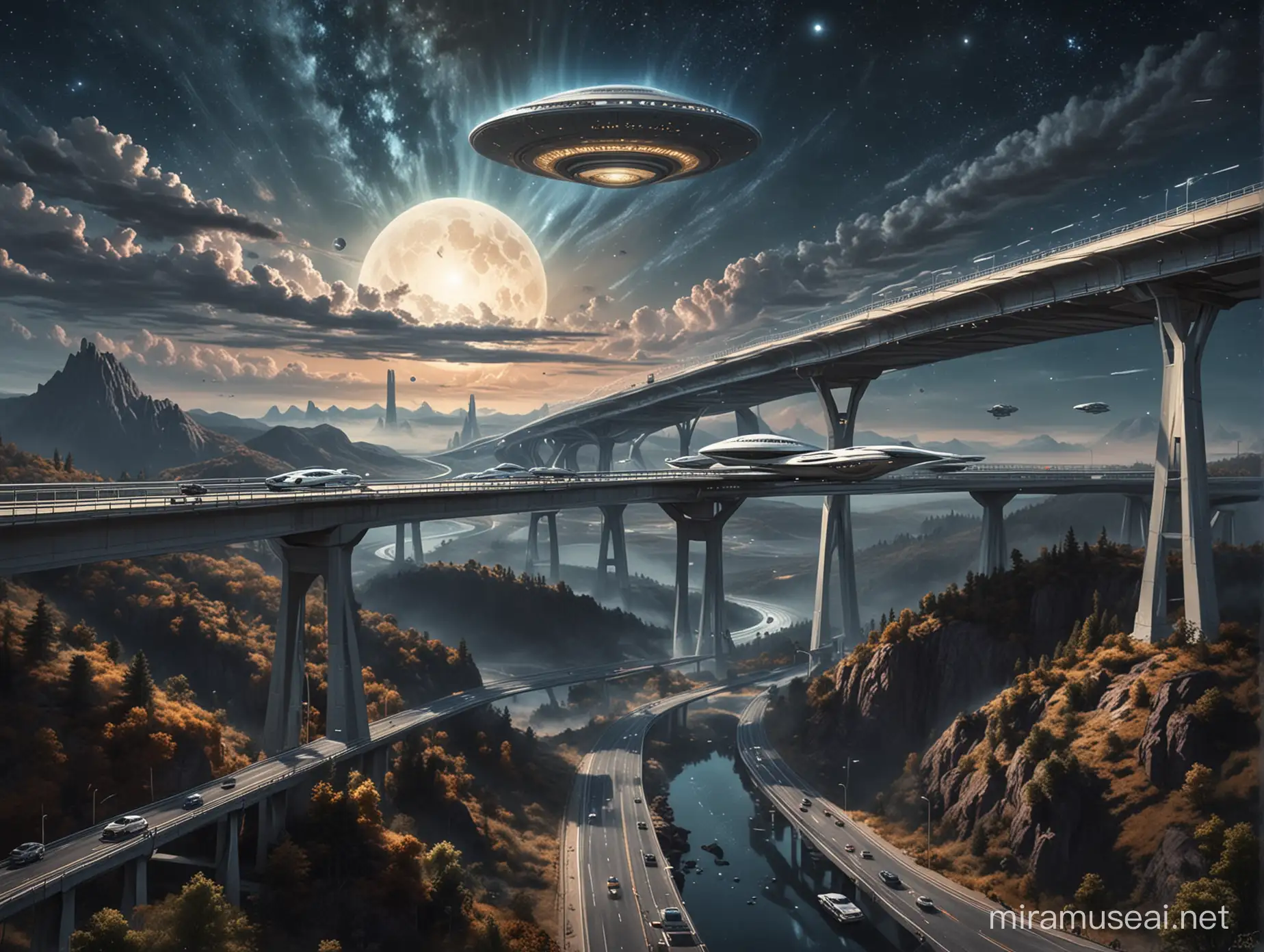 在宇宙中的飞碟四通八达的高架桥，插画风格