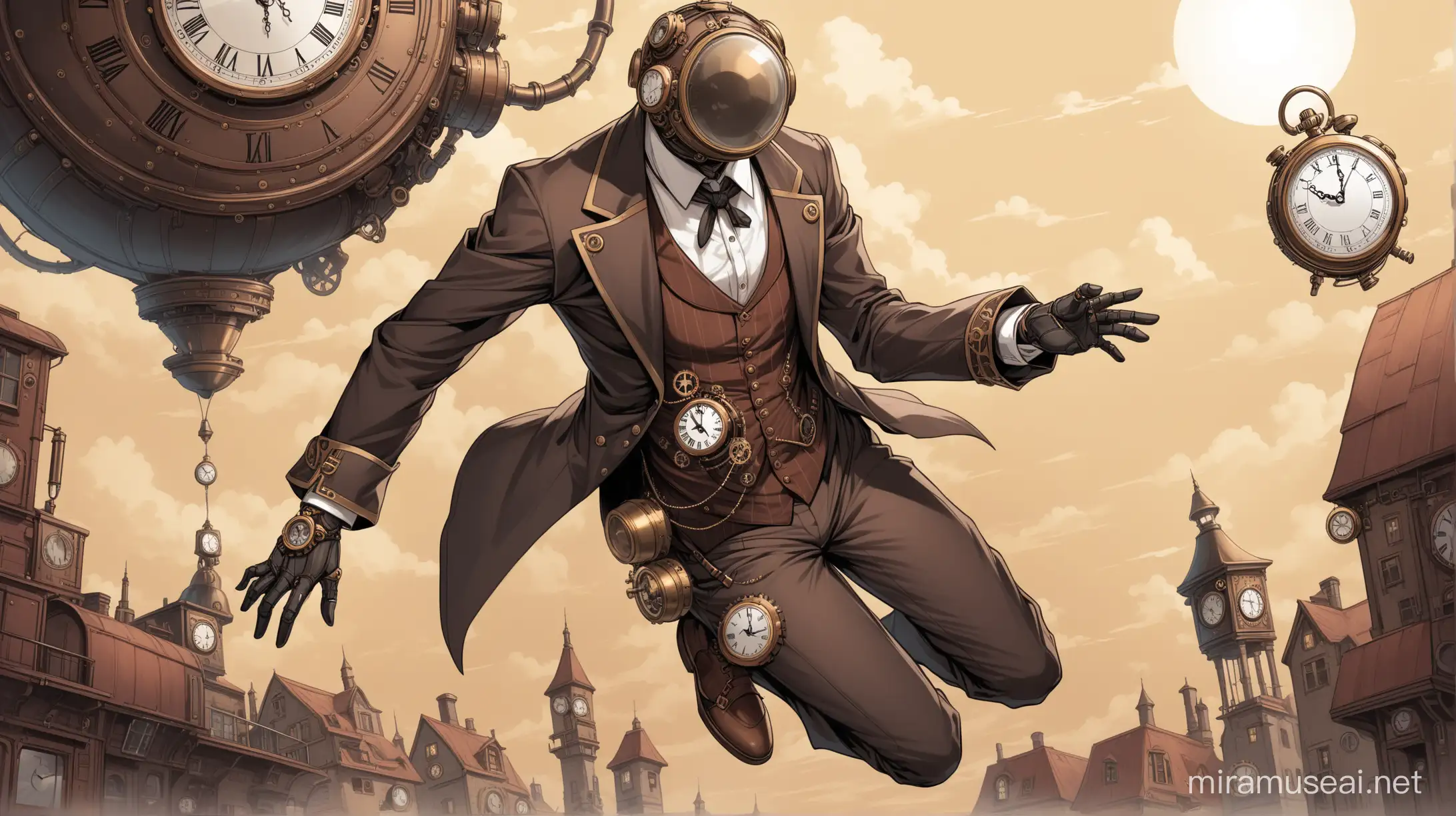 Леветирующий гуманоид в костюме в стиле Steampunk и часами на груди