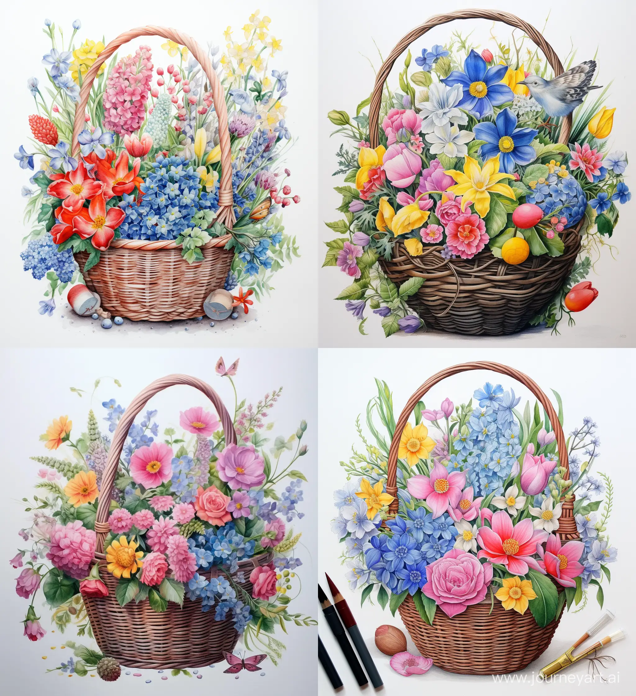 easter basket, in the style of aquarellist, collecting and modes of display, nature-based patterns, villagecore, realistic watercolor paintings, birds & flowers --ar 23:25