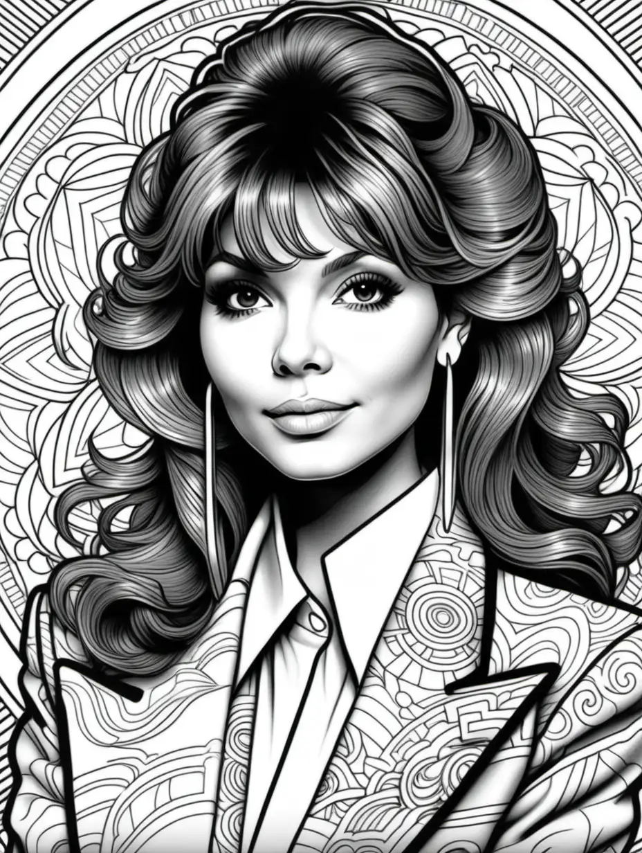adult coloring book, clean black and white, single line, mandala in the shape of the back of a teenage girl with big teased 80's hair like Victoria Principal, and large earrings, wearing a long blazer with extra big 80's shoulder pads and a mandala print