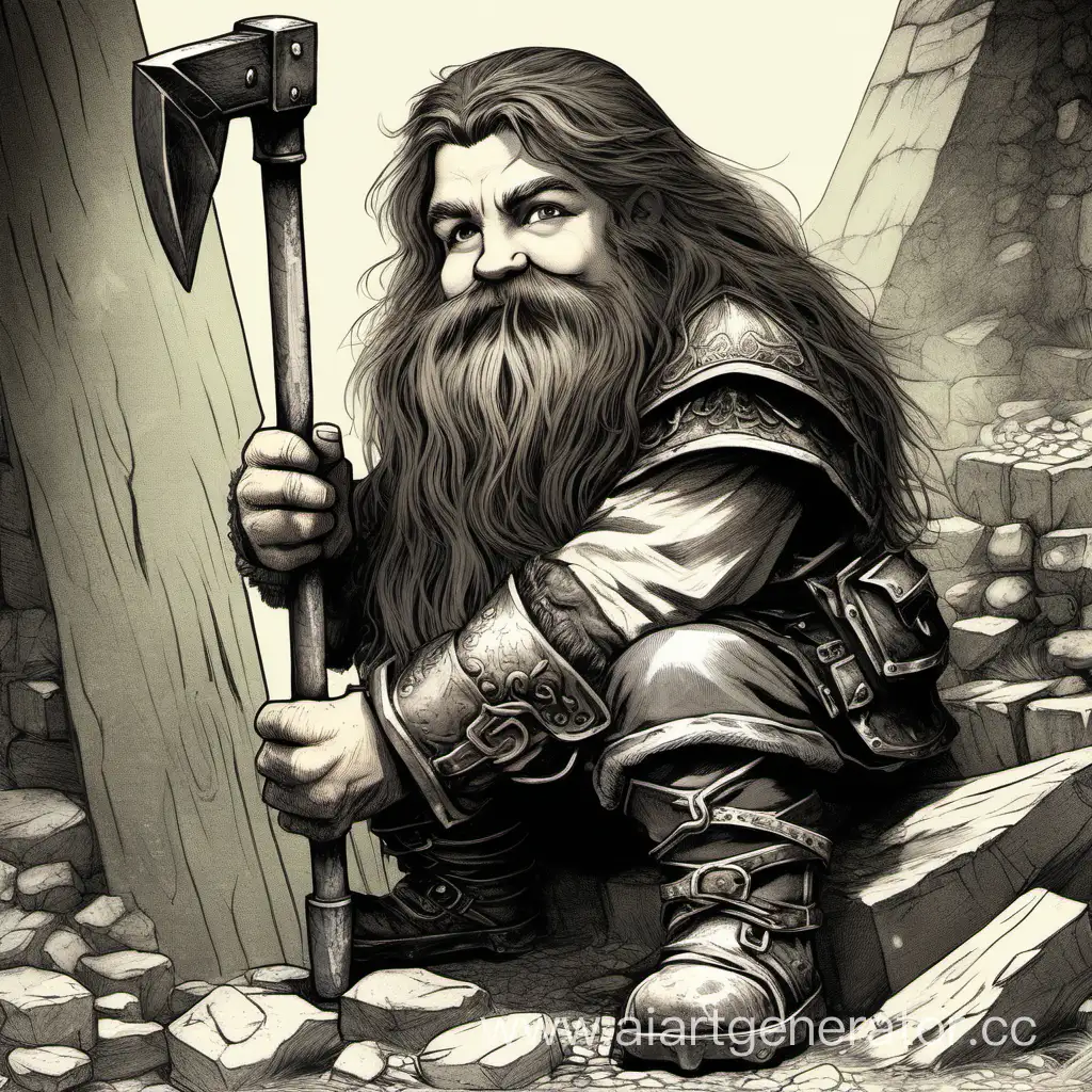 A young, bristly, long-haired dwarf leaning on a pickaxe