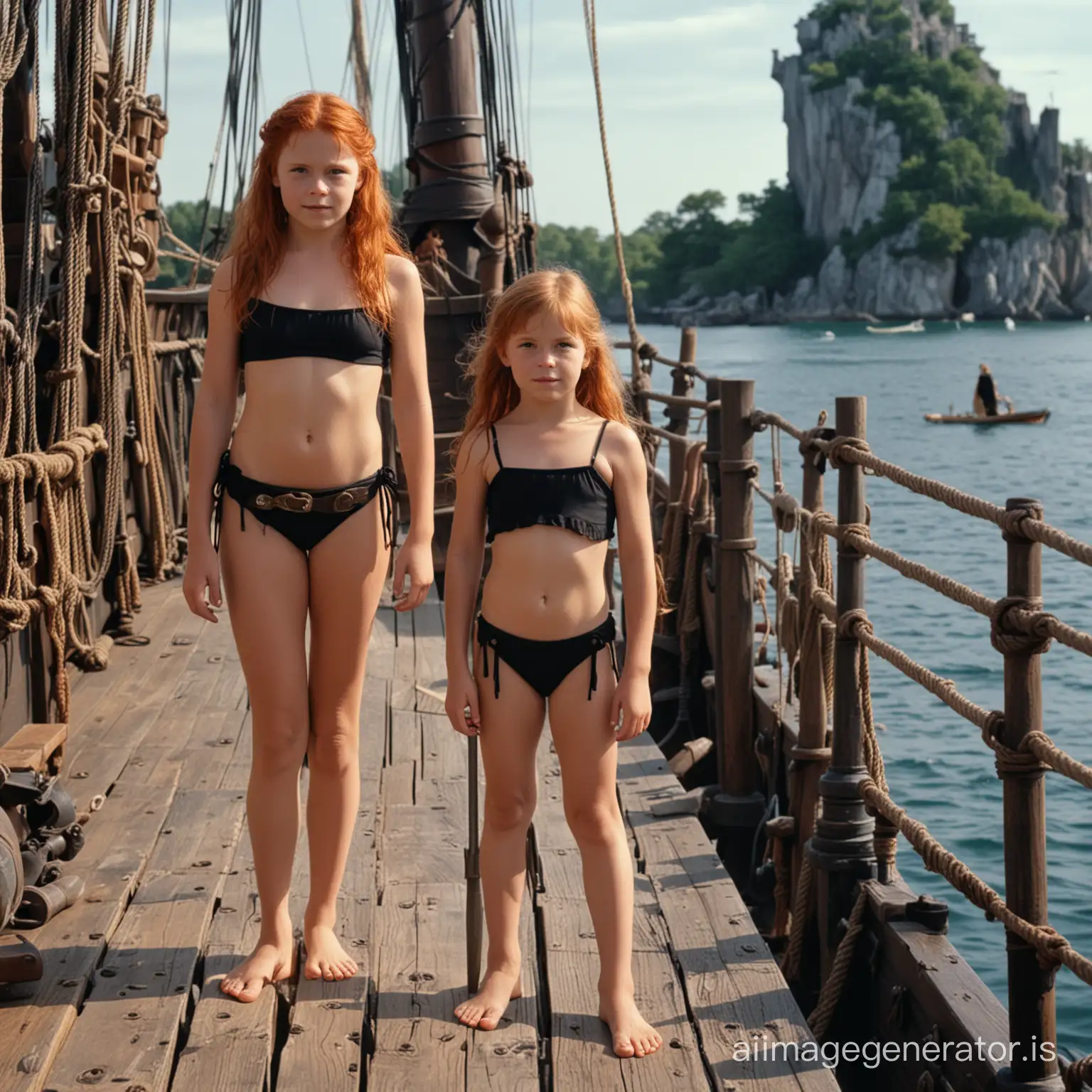 Beautiful eight-year-old redhaired barefoot Viking Princess in black bikini standing on the deck of a pirate ship. 1984 movie DVD still. Medieval fantasy movie. Photorealism. Cinematic.