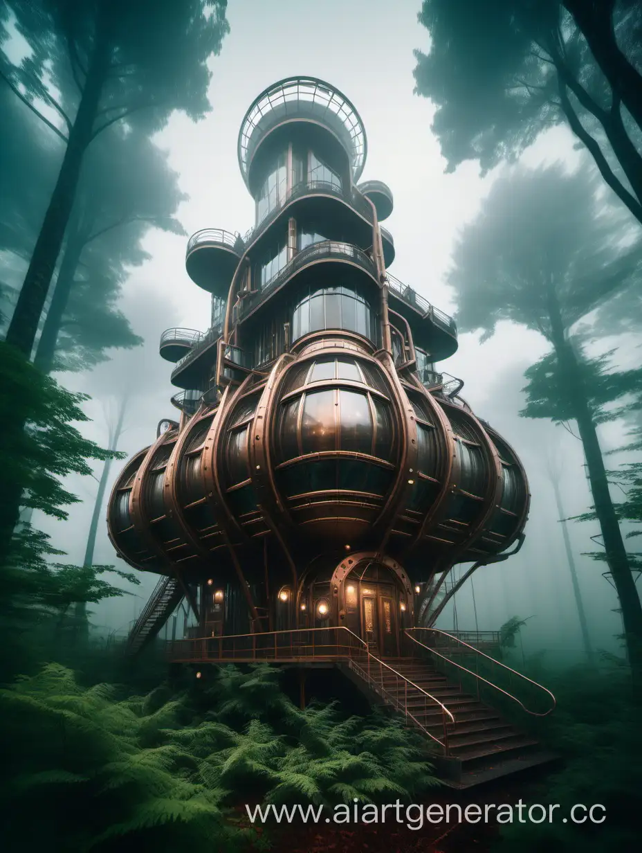 futuristic steampunk building in the misty forest