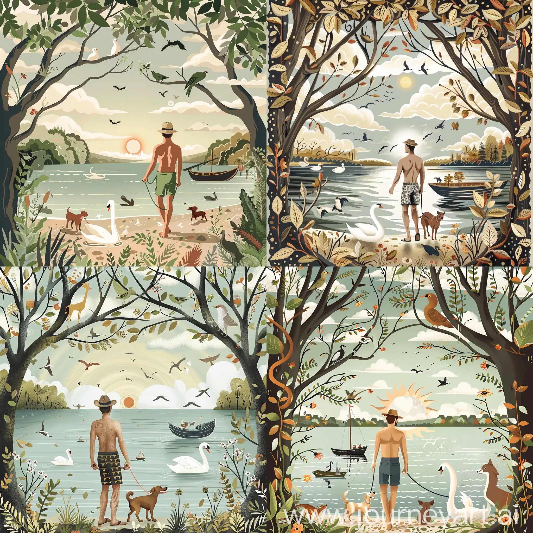 hombre sin sombrero pantalon corto paseando perro a orillass de lago con bote y cisne, rodeado de bosque con animales asomando entre los arboles, cielo con nubes y pajaros volando, sol entre las ramas