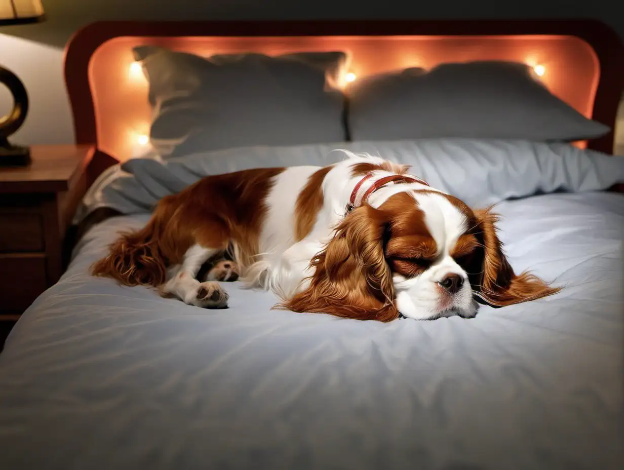 Cavalier King Charles Spaniel asleep on a bed. There is a night light on the side table. 

