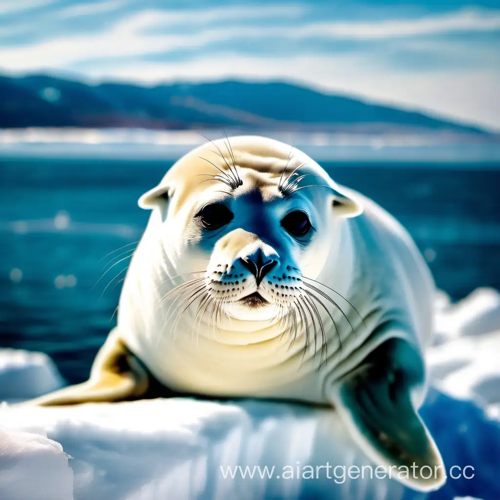 Adorable-Baikal-White-Fluffy-Seal-Belka-on-the-Icy-Shores
