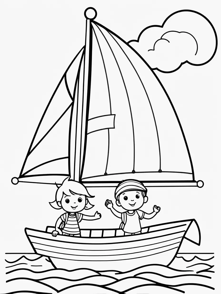Very easy coloring page for 3 years old toddler. Cartoon Sailboat with boy and girl. Without shadows. Thick black outline, without colors and big  details. White background.
