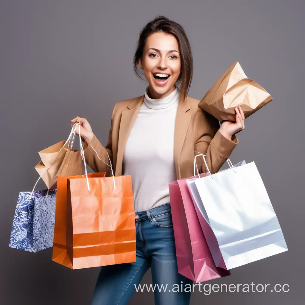 A young, well-groomed, active woman, around 30 years old, joyful and inspired, holding bags with purchases