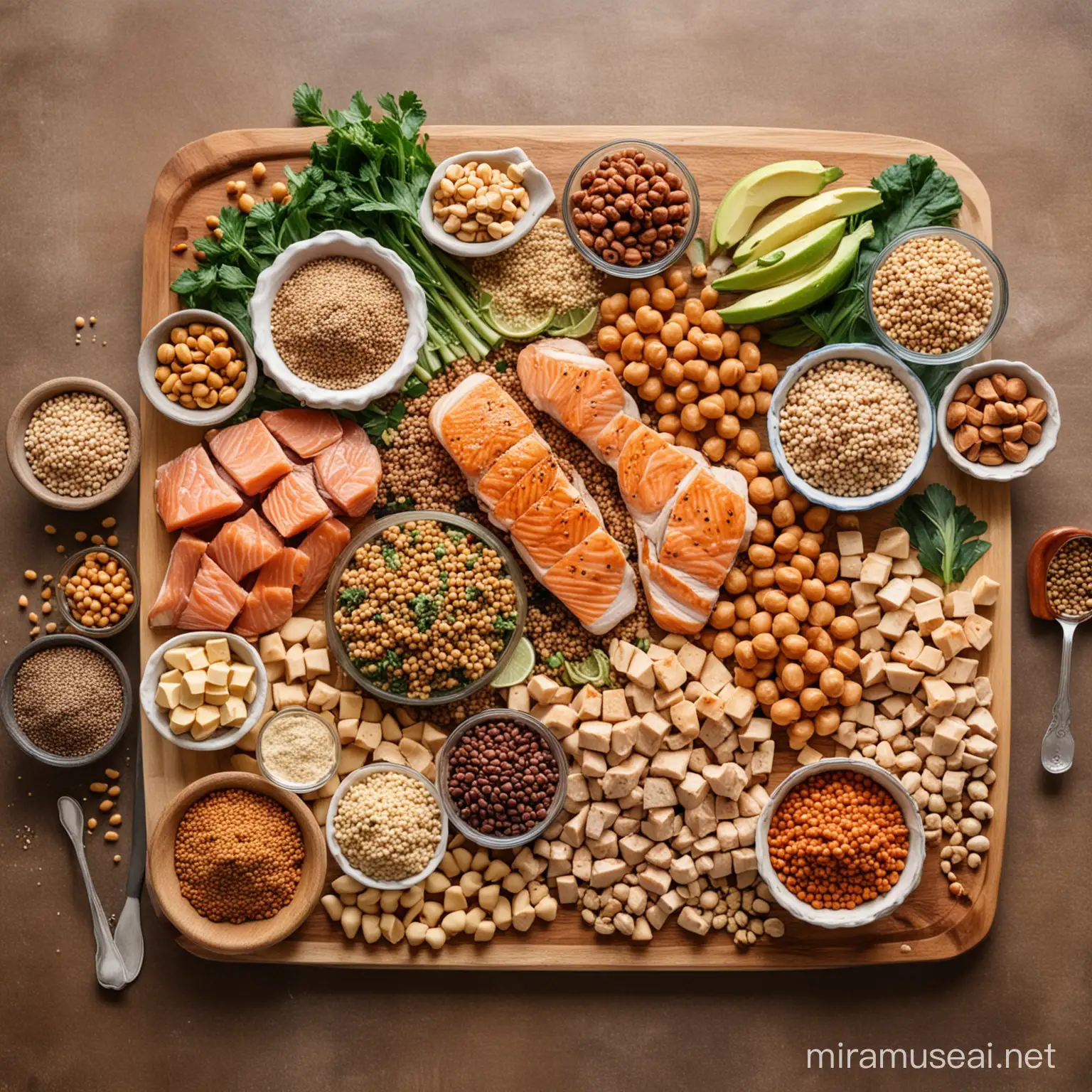 An image featuring a colorful spread of various protein-rich foods arranged on a table or cutting board. Include items such as grilled chicken breast, salmon fillets, tofu cubes, chickpeas, lentils, quinoa, nuts, and seeds. This image showcases both animal and plant-based protein sources, emphasizing the importance of dietary diversity in meeting athletes' protein needs