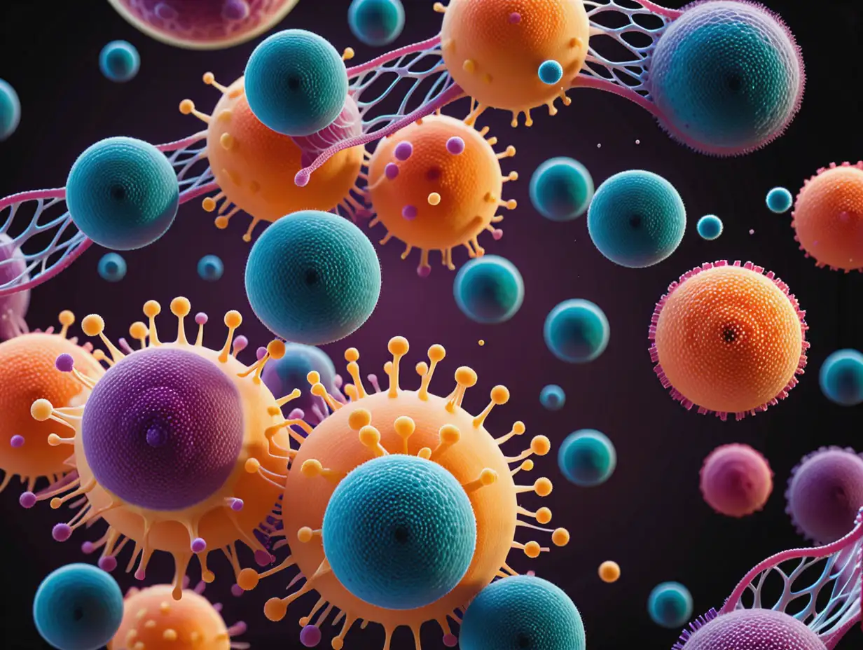 Create an image that showcases the process of cellular detoxification with the help of Glutathione Precursors. Use bright colors to depict the cells being cleared of toxins and pollutants, while showing Glutathione Precursors entering the cells and aiding in their cleansing. Use a mix of simple shapes and intricate patterns to convey the complexity of cellular detoxification.