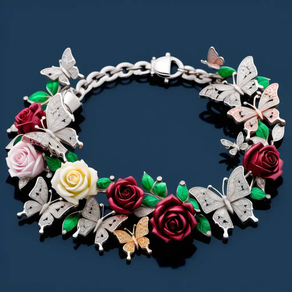 A bracelet made of white gold, decorated with layers and different sizes of roses, butterflies, and green leaves, and studded with small colored stones.