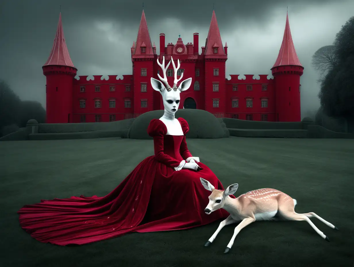 a roe deer in an expensive red dress of the 19th century lies on the grass of the garden, with a red castle in the background, in the style of demonic photograph, post processing, silence, detailed costumes, monochromatic minimalist portraits, ghostly presence, traditional costumes, Magical, mystical award winning photograph, in the style of Remedios Varo, R. H. Giger and Ray Caesar ::3 , digital painting ::-0.3 Barbouillage, Shot on 17. 5mm, 85mm Lens, DSLR, F/ 22, ND - Filter, ultra quality, highly detailed, unreal engine, volumetric lighting, ominous, dramatic, horror background, octane render. ::1 , —ar 16:9