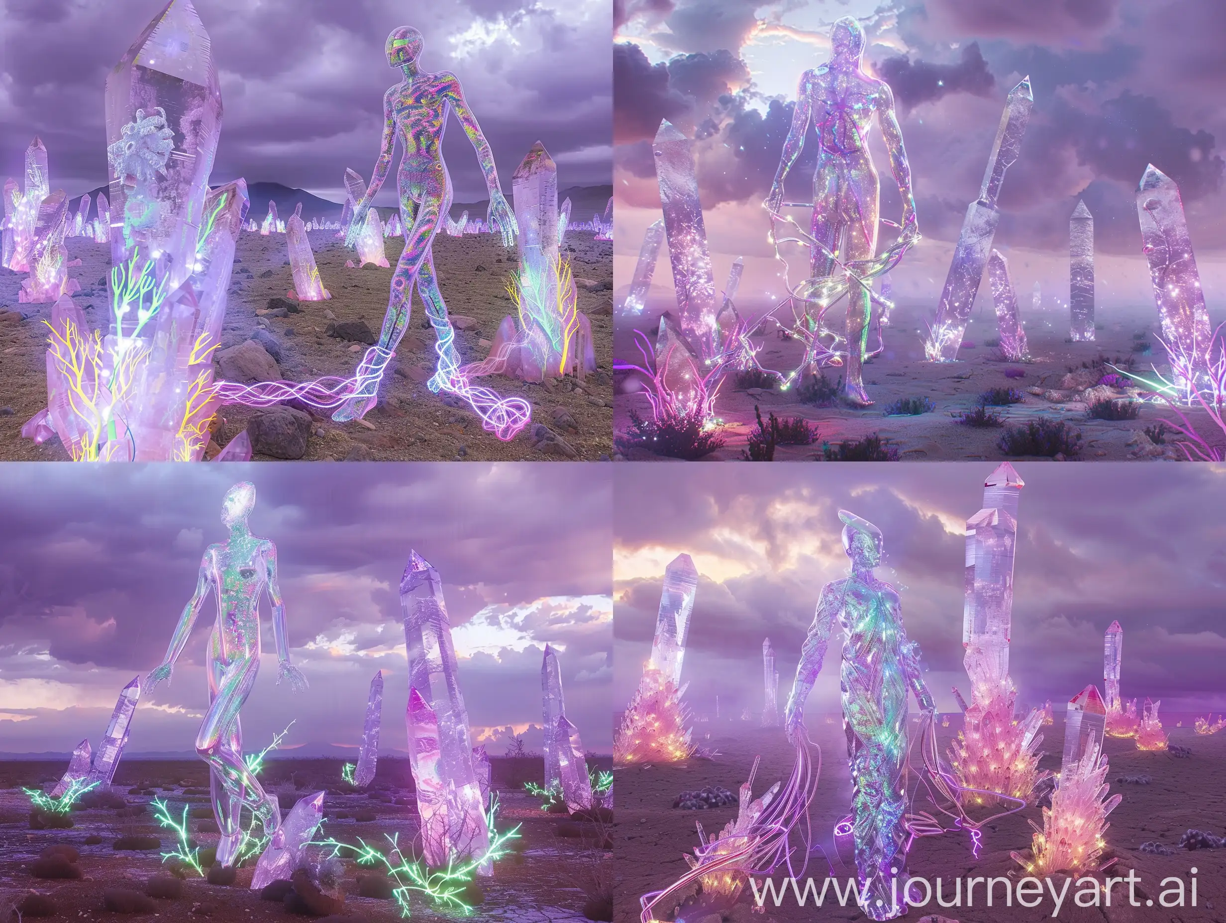 In a stunning surreal alien landscape, jagged crystal formations pierce the cloudy purple sky, casting an eerie glow over the deserted area. The main subject of this surreal couture photograph is a tall, transparent humanoid figure with iridescent skin, decorated with intricate patterns... Its elongated limbs are intertwined with bright, phosphorescent plants that seem to grow from the very ground where they go.. Bathed in soft, ethereal light, the image captures the essence of otherworldly beauty in this mesmerizing digital work of art.... inviting viewers to immerse themselves in its breathtaking atmosphere.
