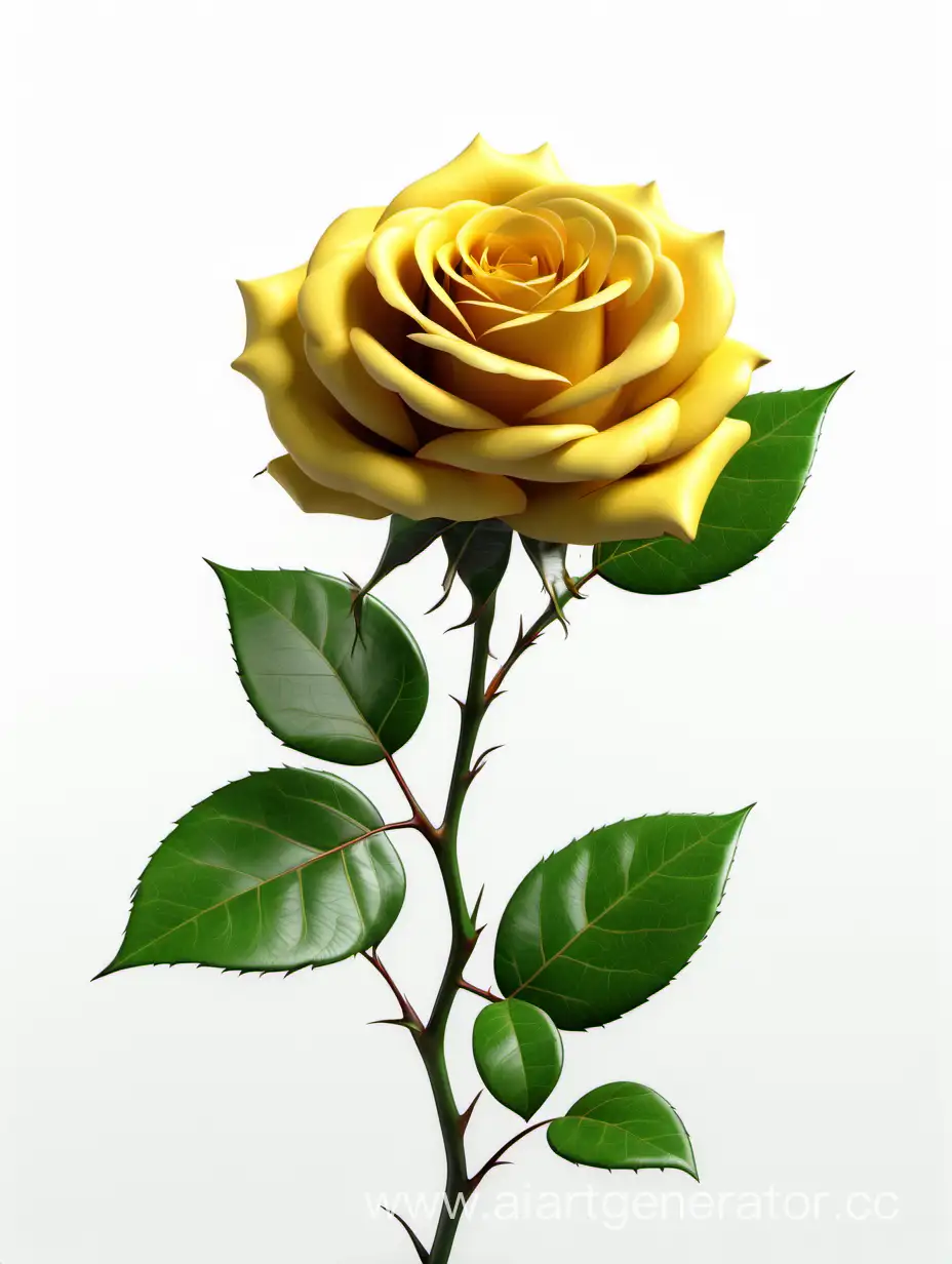 realistic dark yellow Rose 8k hd with fresh lush 2 green leaves on white background