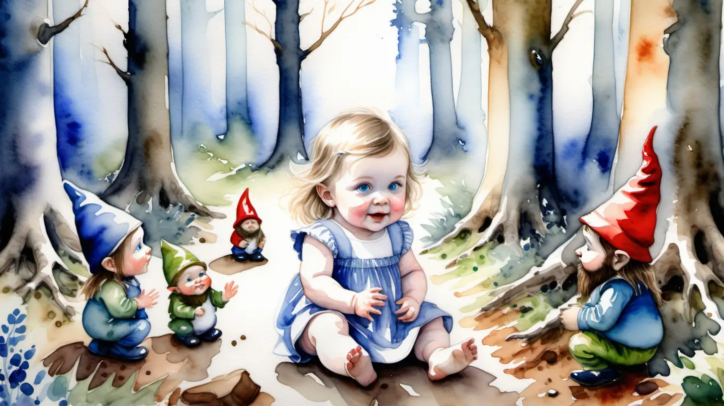 A watercolour fairytale painting of a 1 yr old baby girl with darkblond hair and blue eyes in a  wood talking to some gnomes
