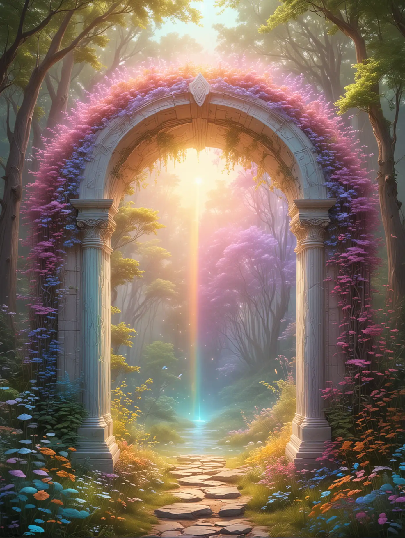 in pastel rainbow colors, a realistic magical portal, from enchanting forest on earth to celestial heaven