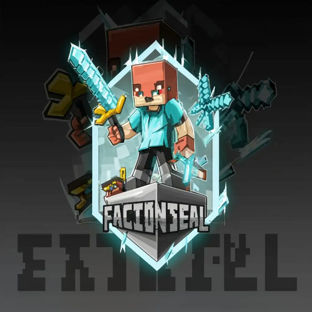a logo design,with the text 'Factionsteal', main symbol:a minecraft character with a diamond sword sitting on a cliffside,Moderate,clear background make the sword better