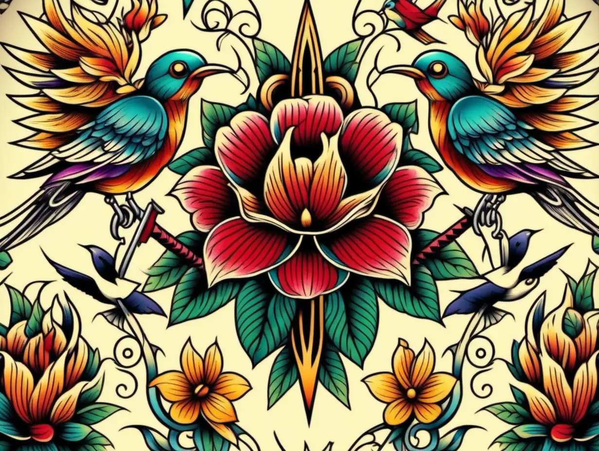 Pattern seamless, Oldschool tattoo Design, flower, bird, dagger, colorful, 