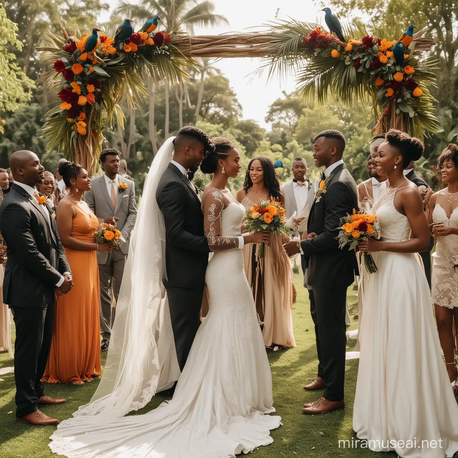 a outdoor wedding with black people and exotic birds in the background
