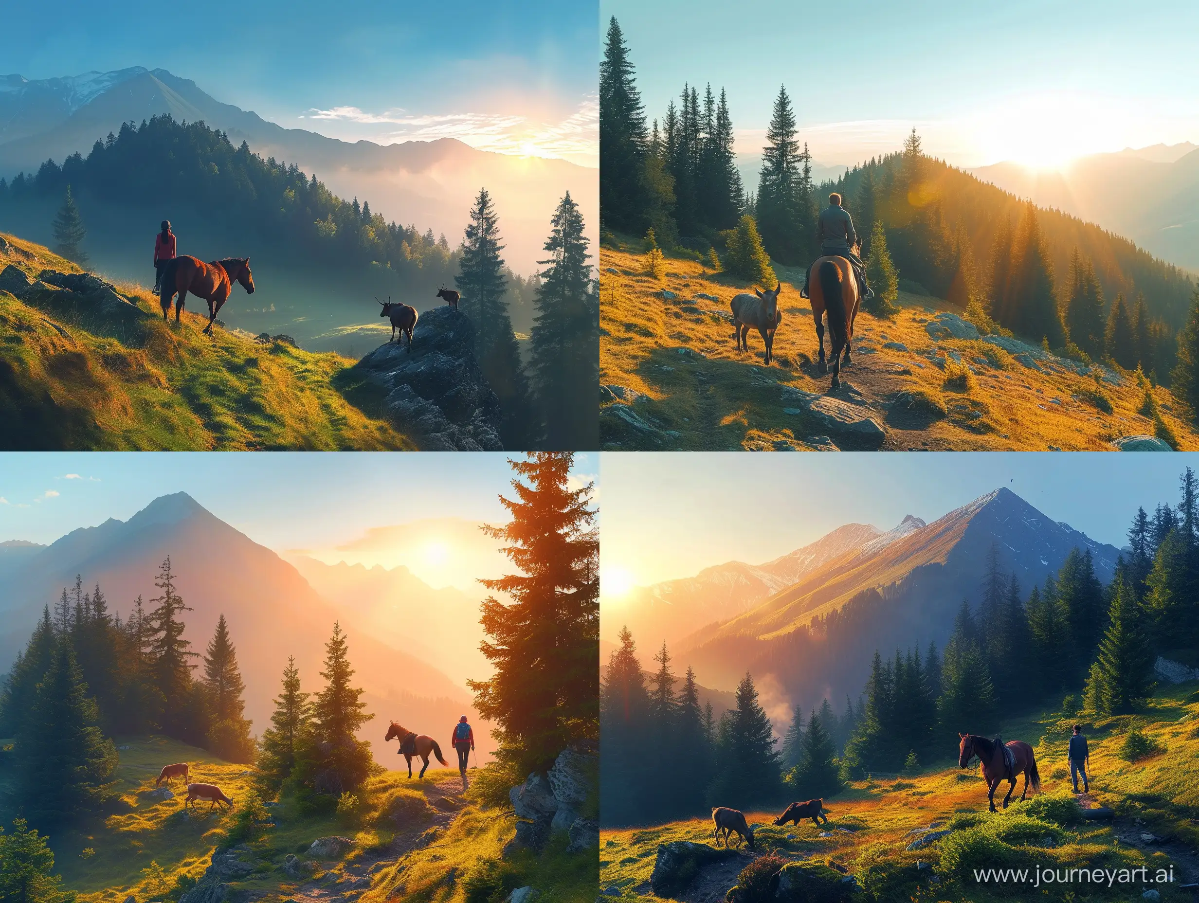 человек идет пешком с лошадью  на вершину горы, вокруг лес, солнце близится к закату, небо голубое, альпииские луга где то ниже пасется  марал с маралихой