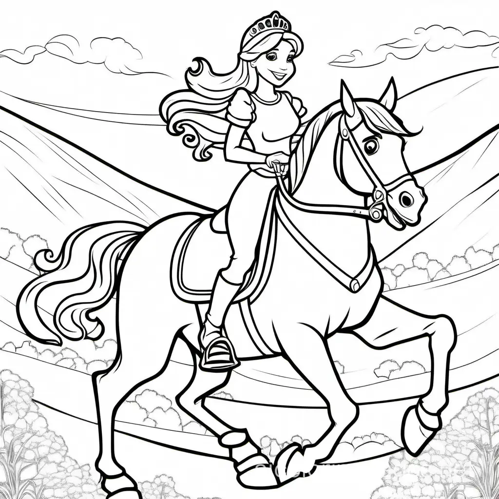 princess riding a horse
 full picture



, Coloring Page, black and white, line art, white background, Simplicity, Ample White Space. The background of the coloring page is plain white to make it easy for young children to color within the lines. The outlines of all the subjects are easy to distinguish, making it simple for kids to color without too much difficulty