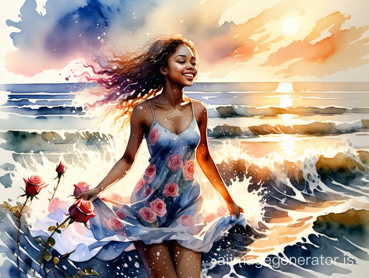 Watercolor sketch. A happy beautiful 18-year-old mulatto girl comes out at dawn from the water of the warm sea to the shore with blooming roses. Joy, sunshine, splashes, flowers. Watercolor masterpiece in the style of Michał Jasiewicz, Igor Sava, Marja Koskiniemi, Liu Yi. Aerial watercolor, streaks, splashes, streaks