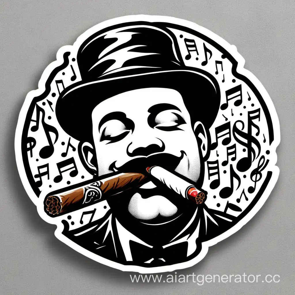 Black and white sticker, surrounded by musical notes and a cigar in his mouth