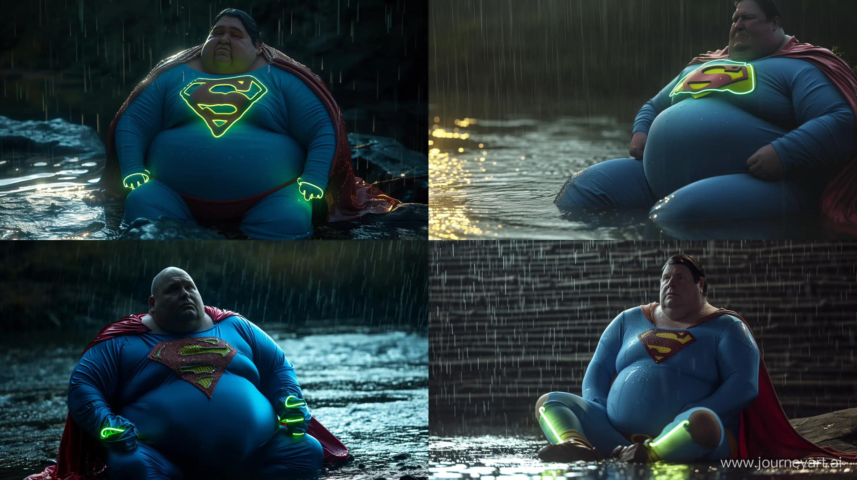 Close-up photo of a  fat man aged 60 wearing a tight blue 1978 smooth superman costume with a red cape and tight green glowing neon gag sitting in the rain. Natural Light. River. --style raw --ar 16:9