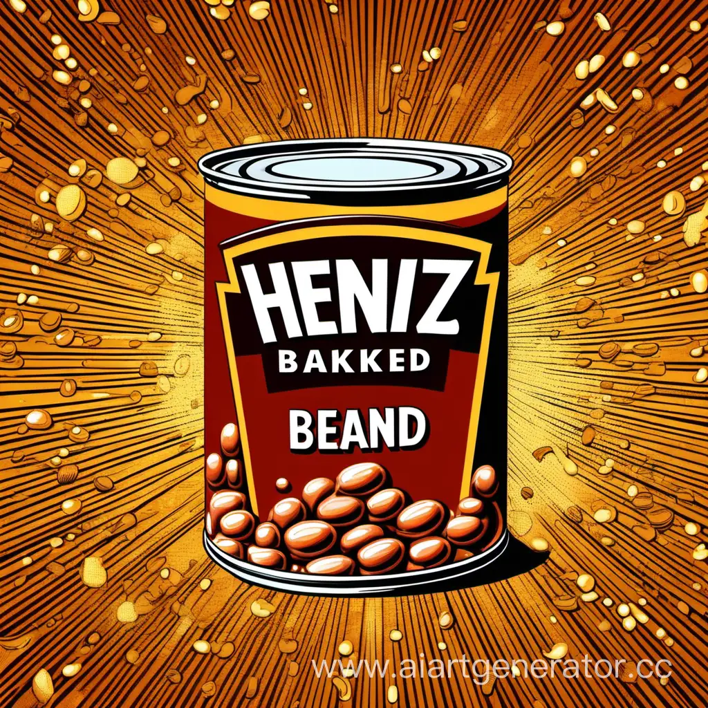 HEINZ, baked beans, canned, pop art style, explosion, boom, brown mustard colors