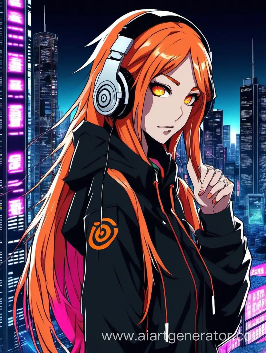 
A gamer girl with long orange hair without bangs and brown eyes with thin lips. against the background of a city in the style of cyberpunk and neon lighting in style of anime Naruto. She has headphones and black hoodie