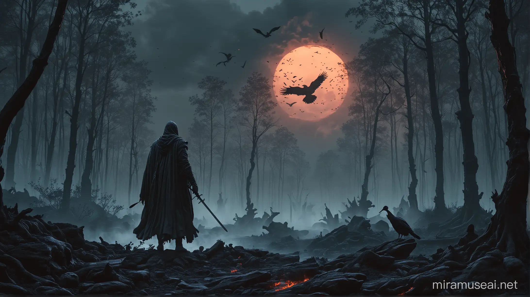 Stoicism, motivation, stoic muscular statues, dark sunset,
dark atmosphere
behind him a texture of black smoke will appear and the character is walking through the forest where on the sides there is blue lava from the sky comets are falling and ravens are flying the character has a black robe and a sword on his back the character is shown from the front