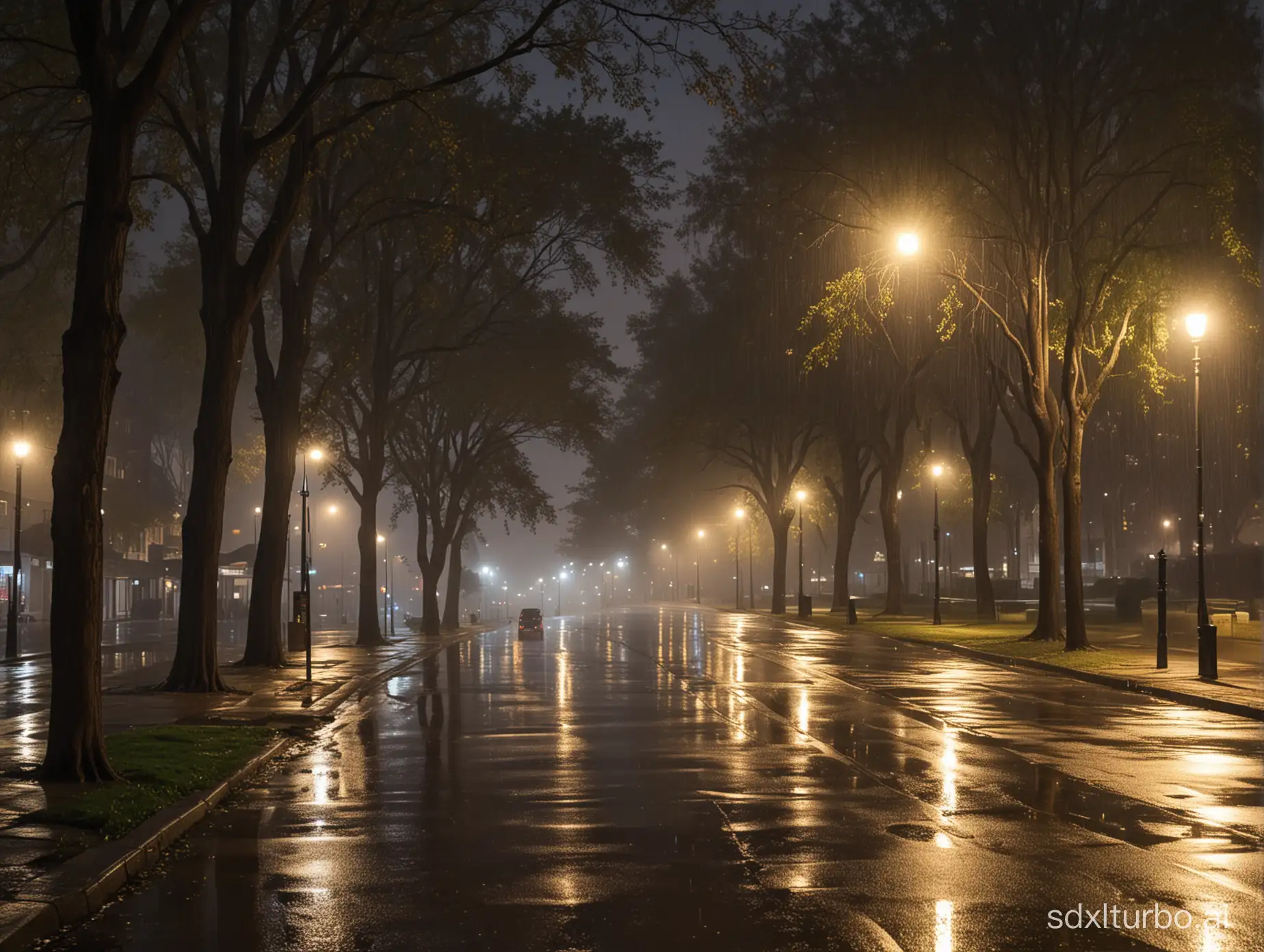 Night Raining riverside street light trees