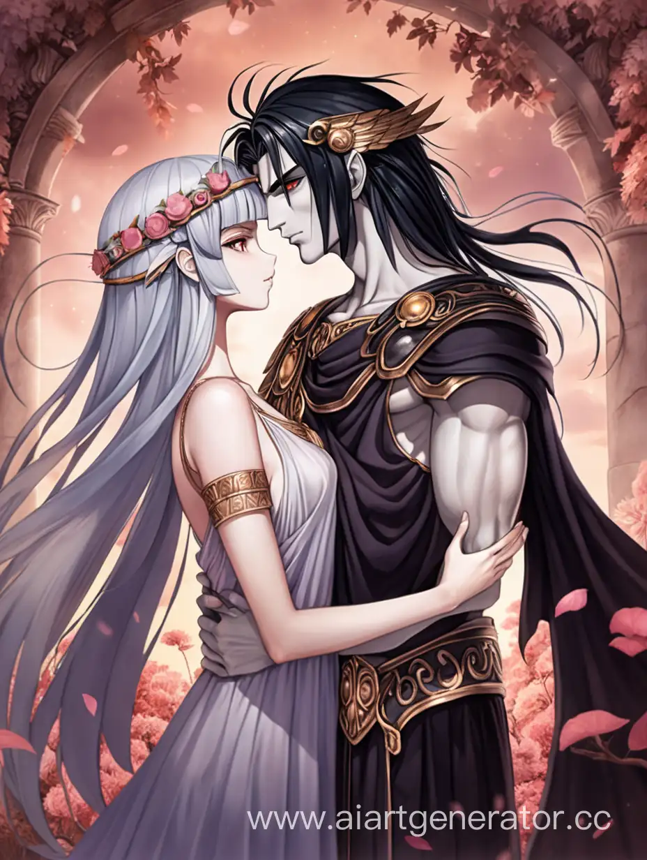 аниме картинка влюбленной пары как из древне греческих мифов Аиды и Персефоны 

