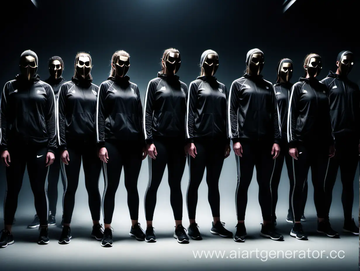 Nine-Individuals-in-Mirrored-Masks-and-Black-Sportswear-Standing-in-Darkness