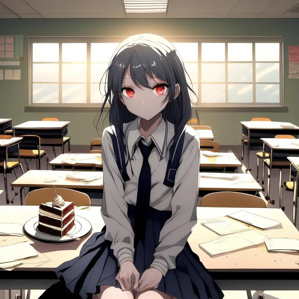 Anime
Composition:
- The scene is framed with a low angle, capturing the schoolgirl sitting alone at a desk, the setting sun casting long shadows across the empty classroom. The focus is on her sinister grin as she indulges in devouring a cake.

Subject:
- Schoolgirl:
  - Face:
    - Eyes: Narrowed with a mischievous glint.
    - Lips: Stretched into a sinister grin.
  - Body:
    - Height: Petite.
    - Build: Slender.
    - Clothing:
      - Style: School uniform with disheveled elements.
      - Colors: Subdued tones with a pop of the cake's vibrant colors.

Setting:
- The empty classroom:
  - Desolate desks and chairs.
  - Sunset casting an eerie glow through the windows.
  - Cake crumbs scattered on the floor.

Atmosphere/Mood:
- Sinister and surreal.