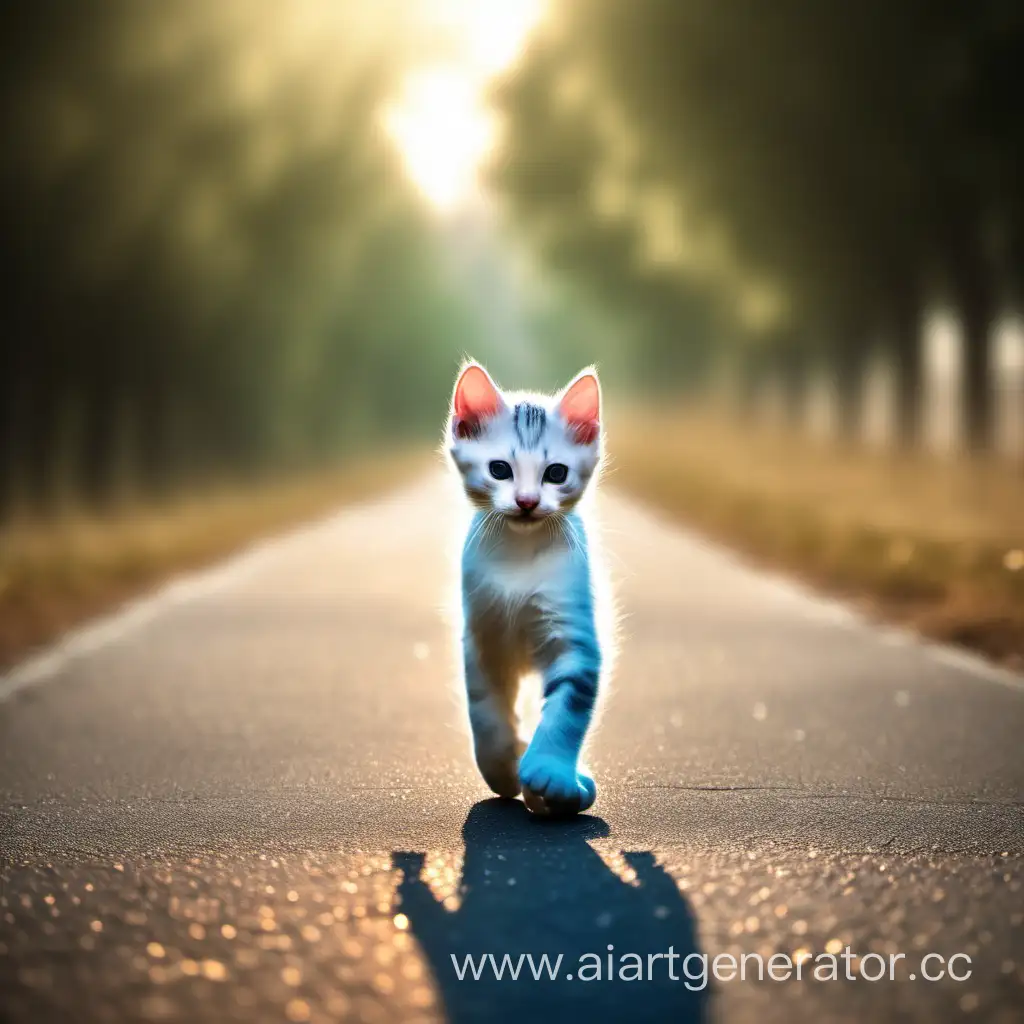 Веселый котёнок идет по дороге