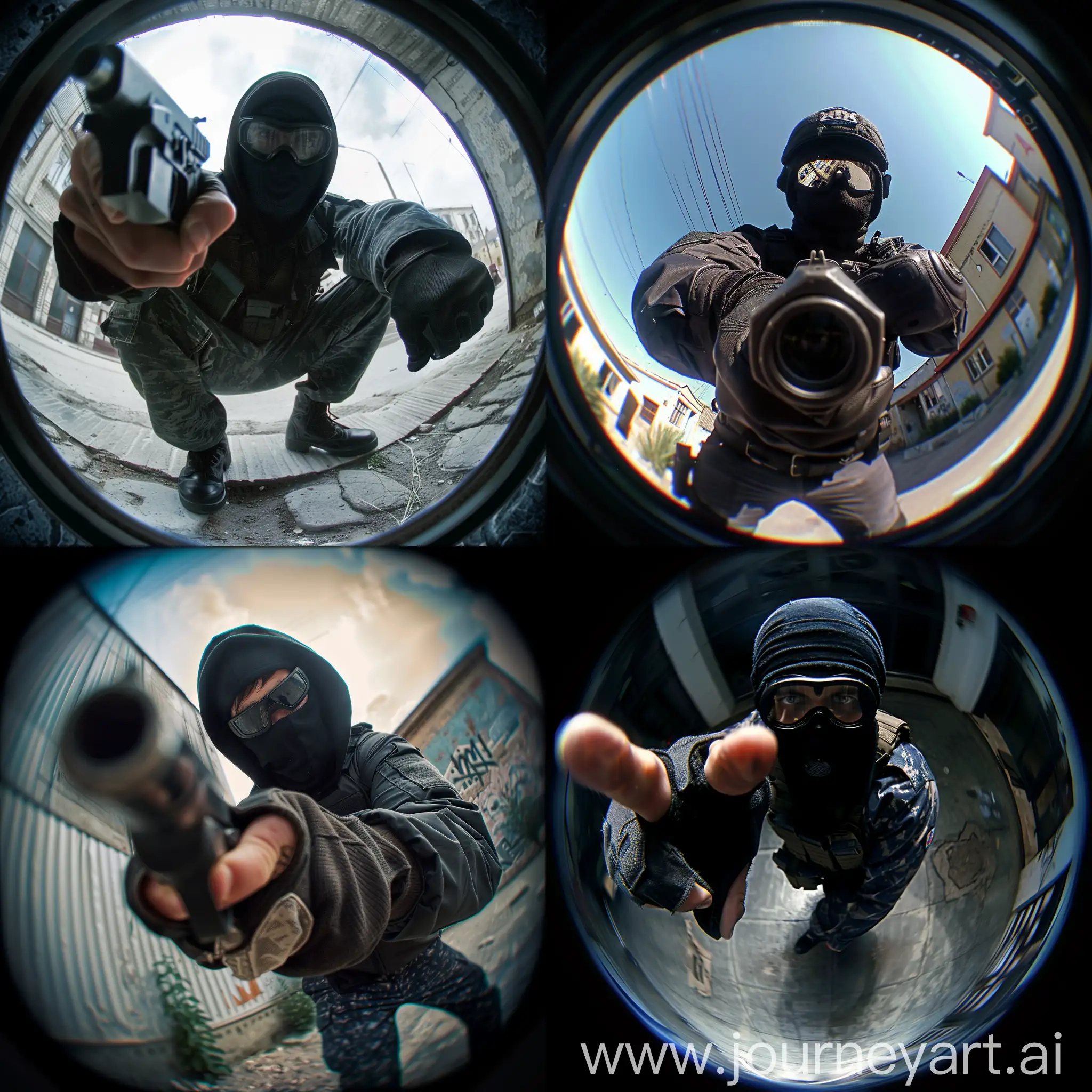 counter terrorist default agent from counter strike 2 doing a gangsta pose in fisheye lens