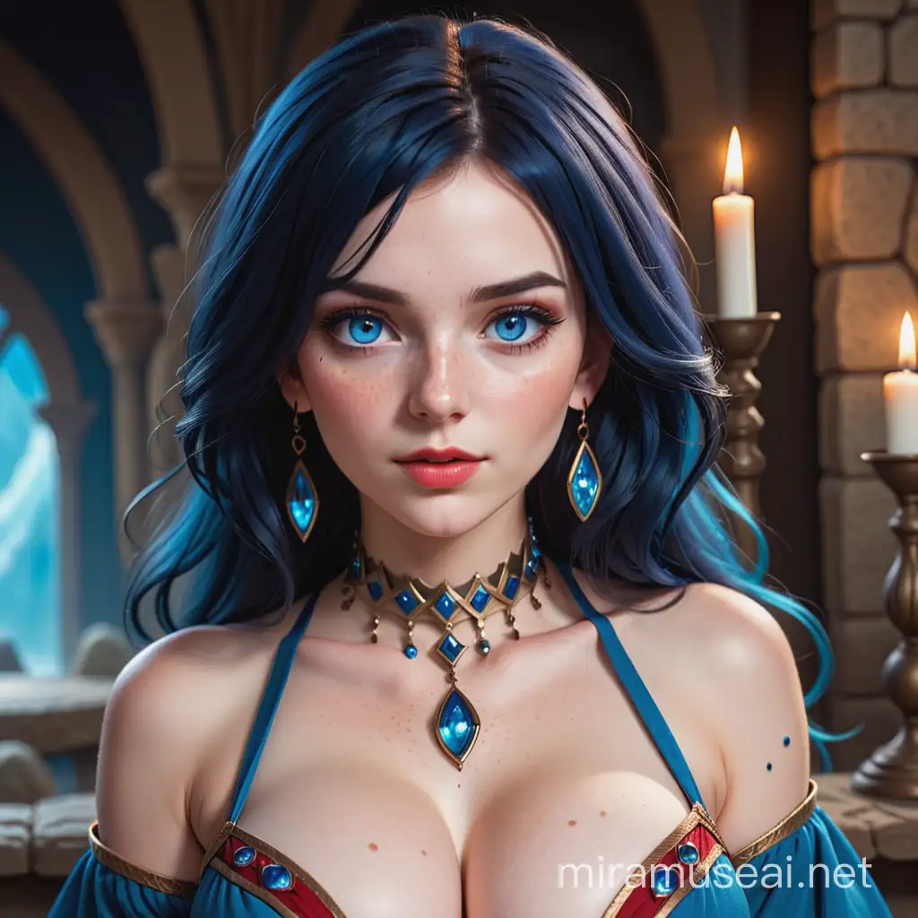 A Caucasian sorceress with blue eyes and dark blue hair, freckles, red mouth, large breasts, blue dress with stones. high quality.