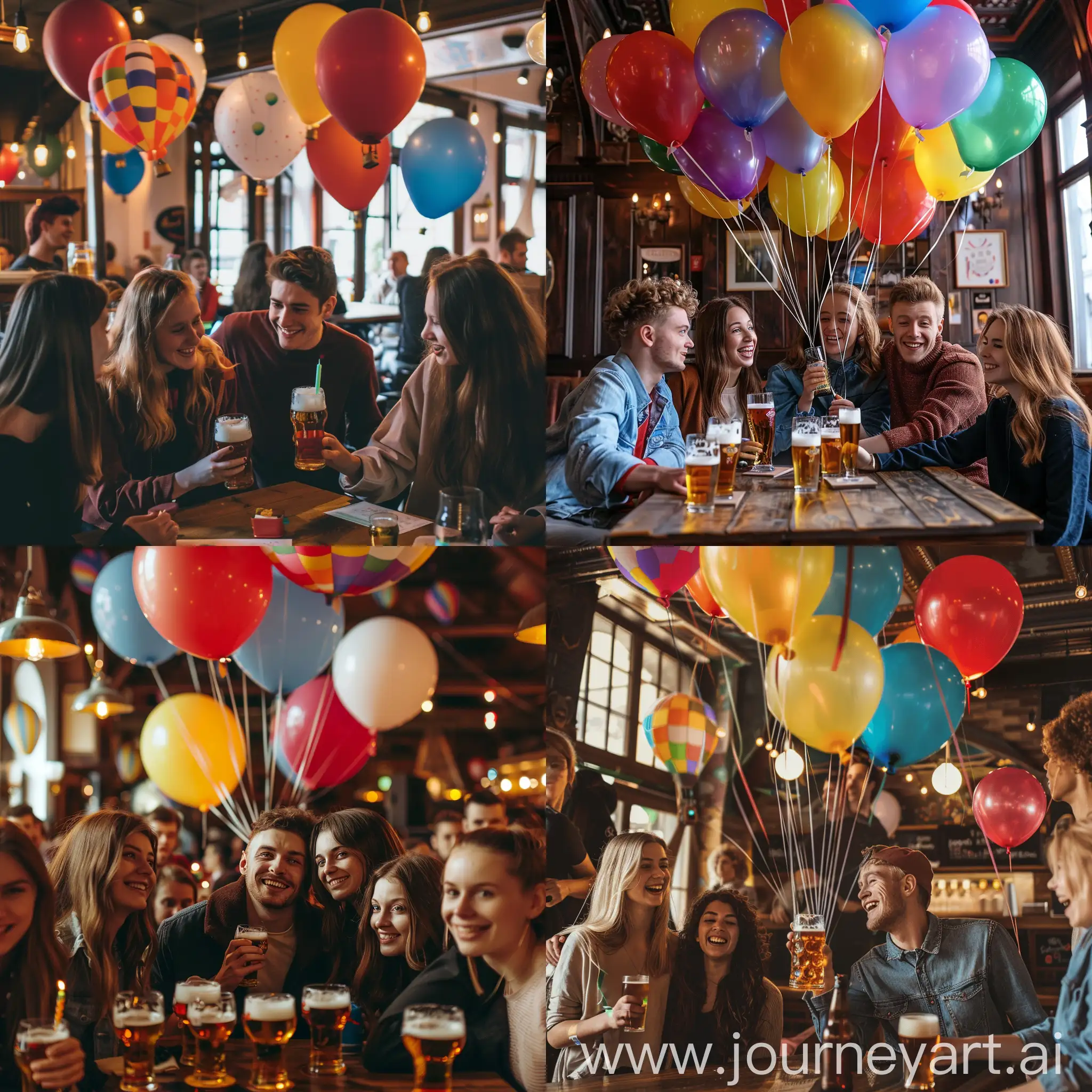 Young-People-Celebrating-Birthday-in-Air-BalloonFilled-Beer-Pub
