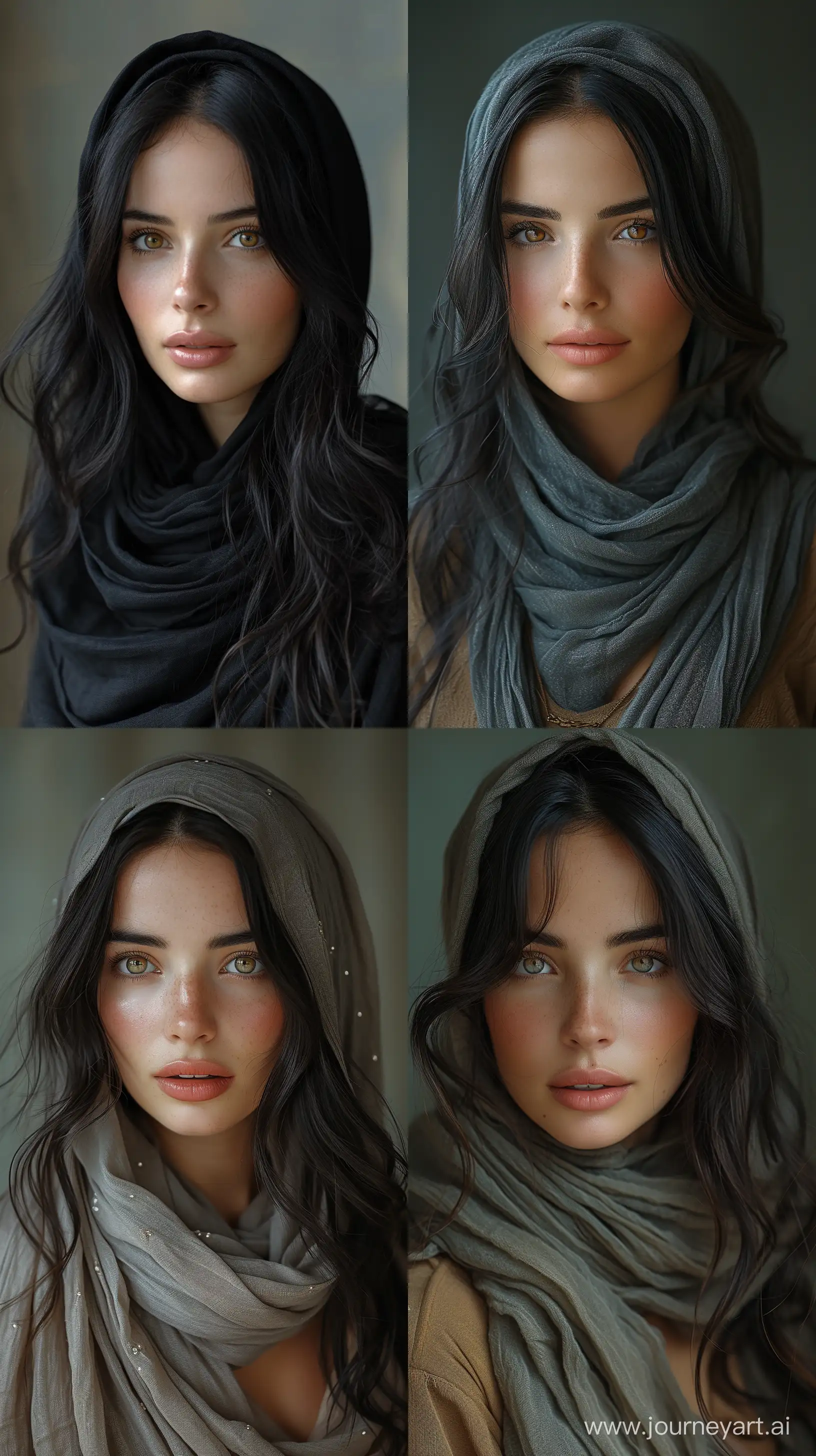 a realistic photo of a [iranian 26 year old woman], with [long, wavy, dark hair], looks like [Dakota Johnson] and [Felicity Jones],with hijab, light makeup, looking [innocent, cute, flushed], [light] skin --ar 9:16 --stylize 750 --v 6