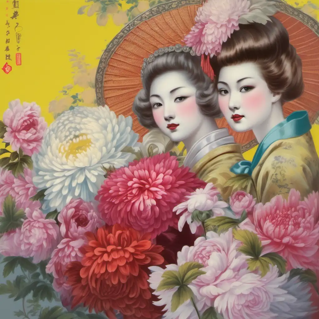 Elegant Vintage Ladies Adorned with Pagoda Headdress Chrysanthemums Roses and Peonies