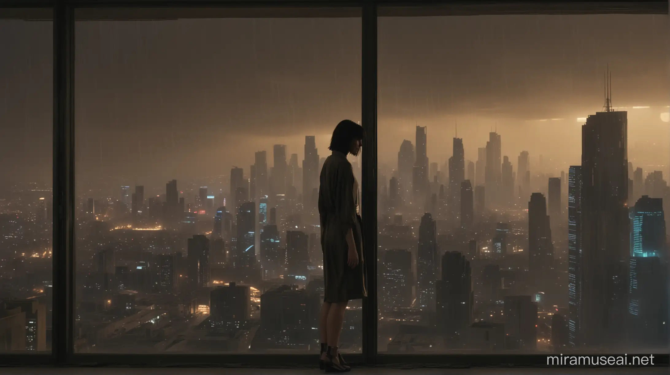 cinematic still, blade runner 2049, ana de armas, sad, hologram, film by denis villeneuve, apartment, cityscape outside window