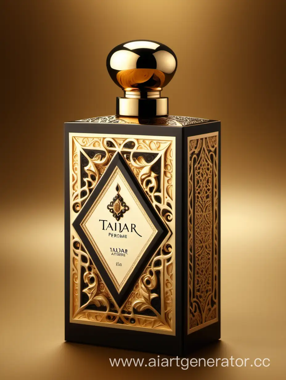 Box package design of perfume TAJDAR product, elegant, trending on artstation,   sharp focus,   studio photo,   intricate details,   highly detailed,   gold, Royal black and beige color on gold background