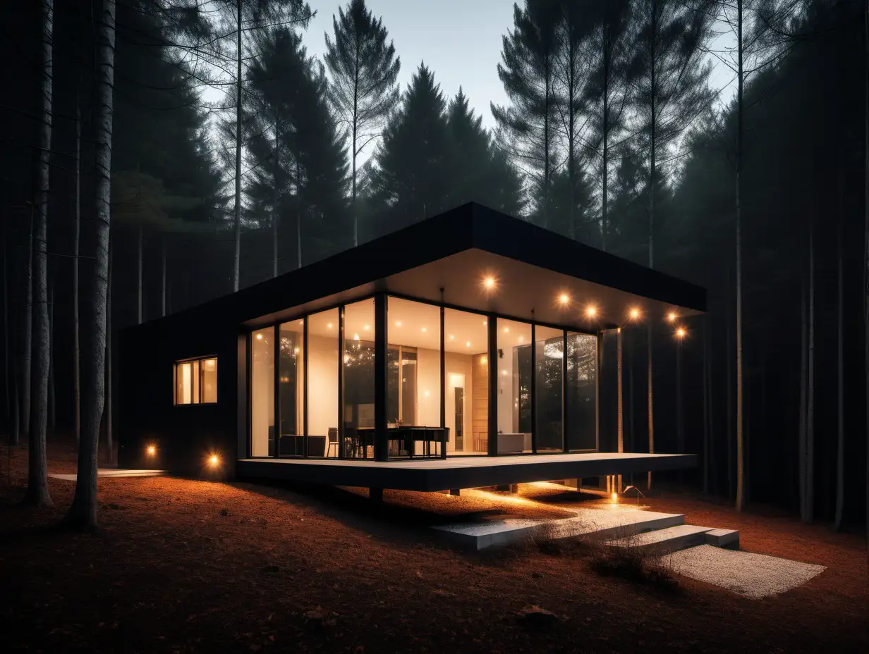 minimalistisches Bild von kleinem moderne Haus am Abend im Wald mit Lichtern 
