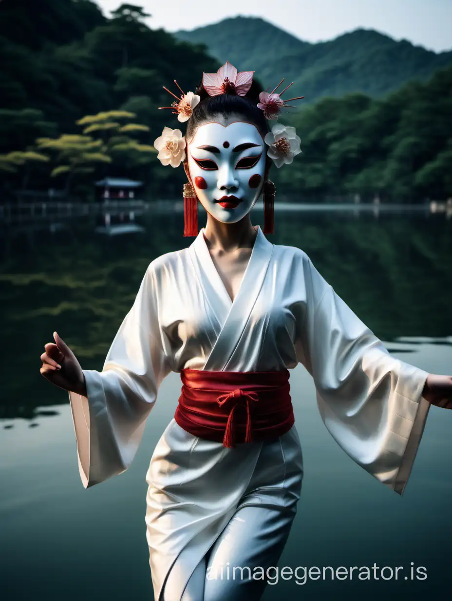 Glamorous japonica noh mask dancer feminine sexy light clothes standing surface on the water