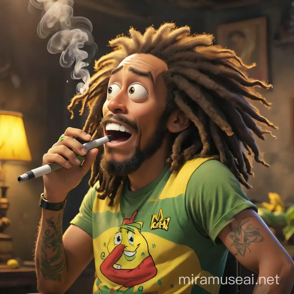 Cartoon Character SpongeBob Vaping with Bob Marley in a Colorful Caribbean Setting