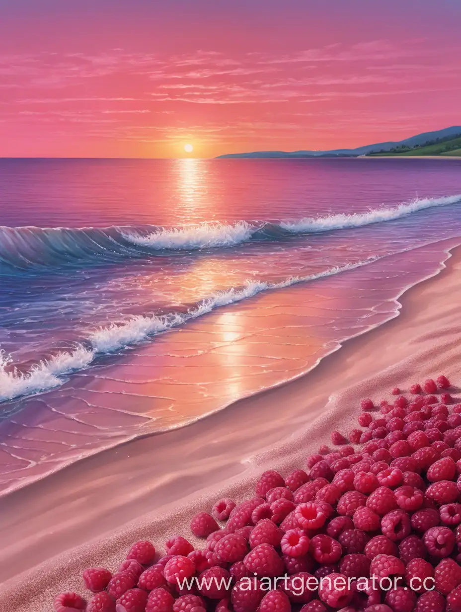 пляж с морем и малиновым закатом