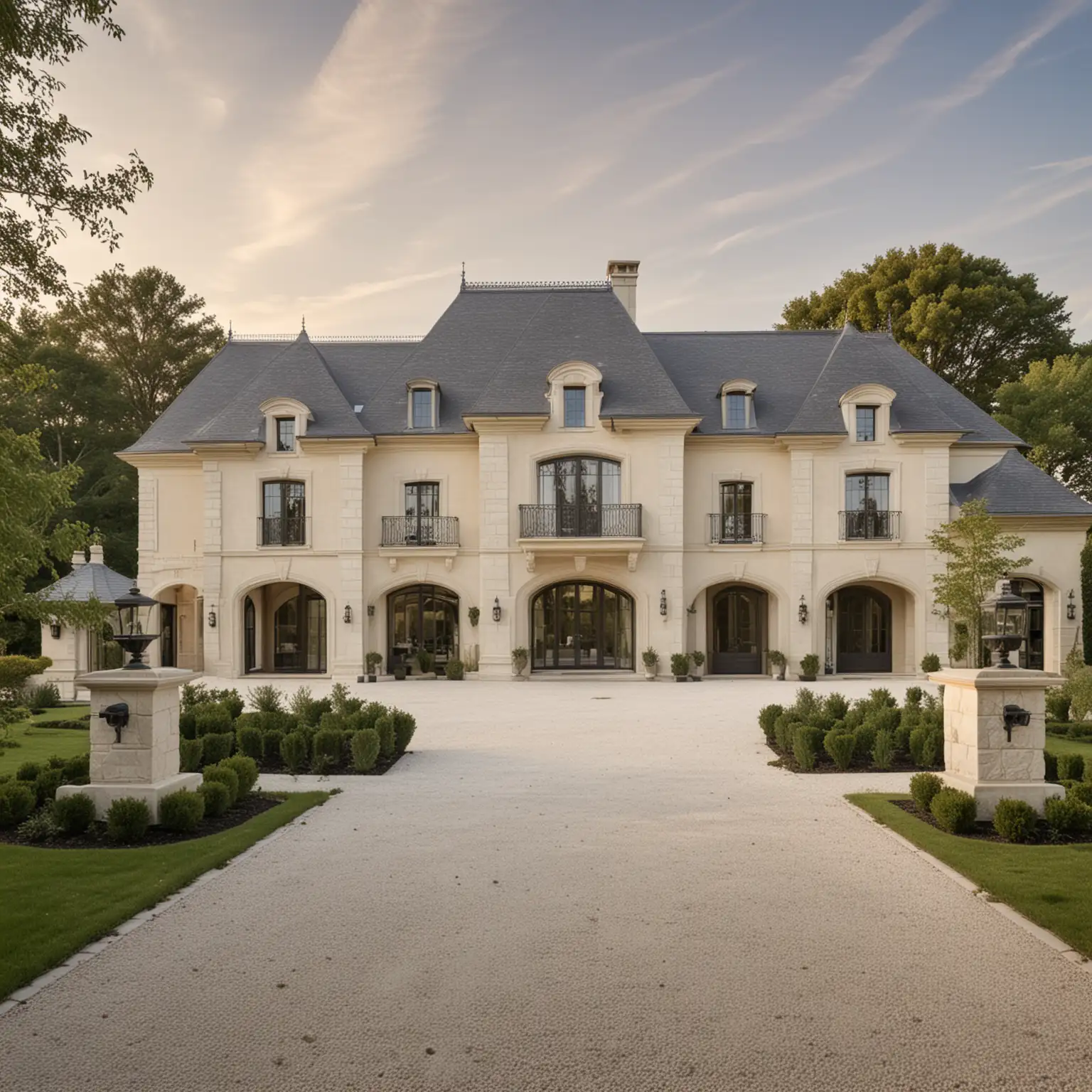 a modern french chateau estate home of rendered walls, limestone and wood, in beige and black, with a 4 car garage on either side of the home, a porte cochere and a motor court, on a large farm land, surrounded by gardens