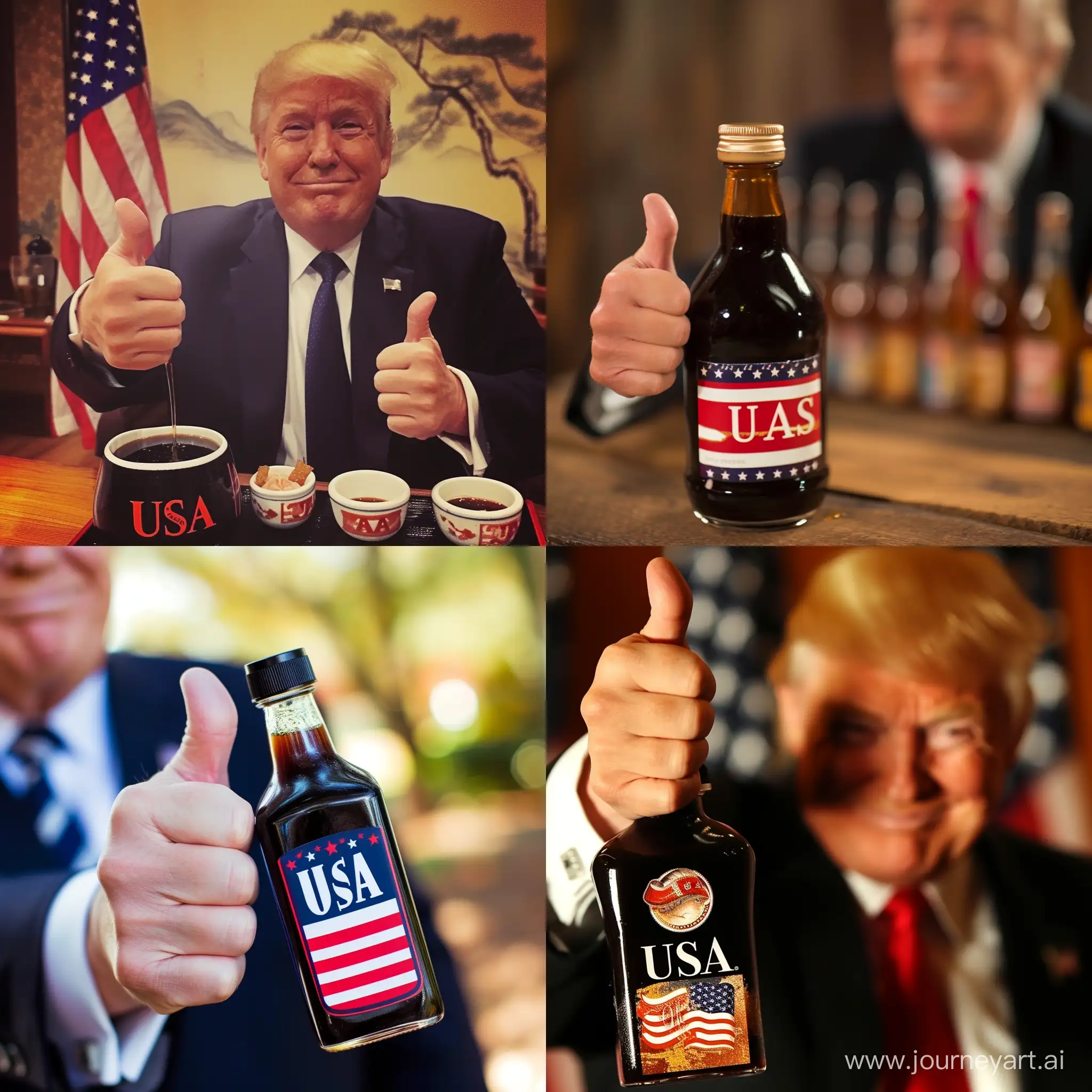 USA brand soy sauce, made in the USA, patriotic, Donald Trump thumbs up